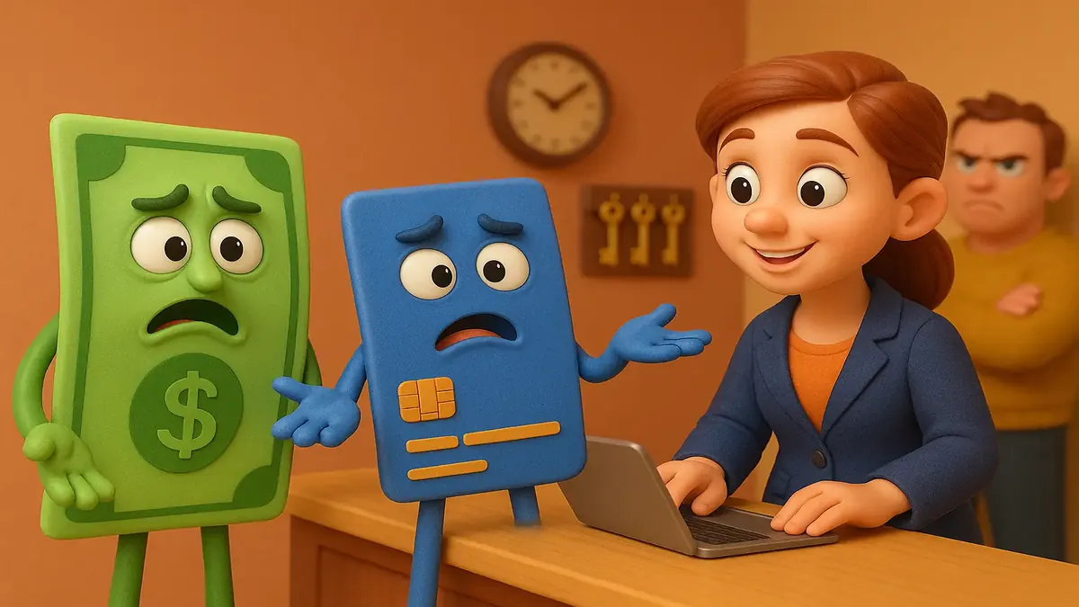 Cartoon-3D illustration of frustrated hotel staff dealing with chaotic check-in of guests with cash and cards.