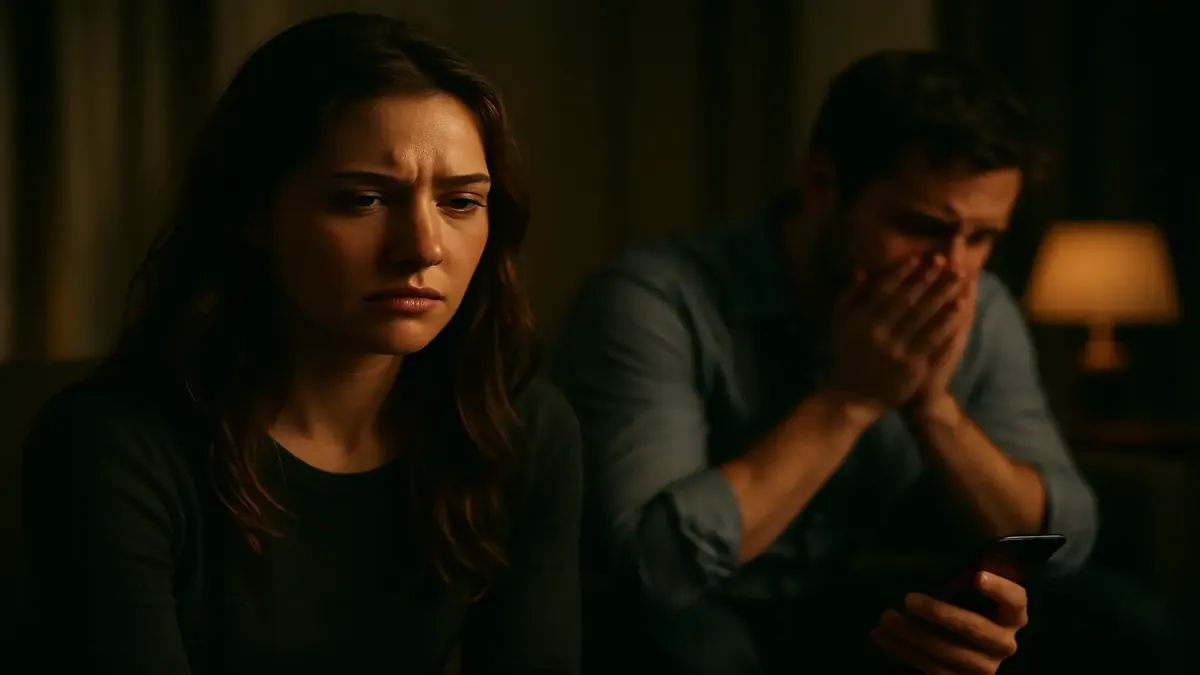 Woman reflecting on heartbreak after discovering Tinder cheating in a cinematic setting.