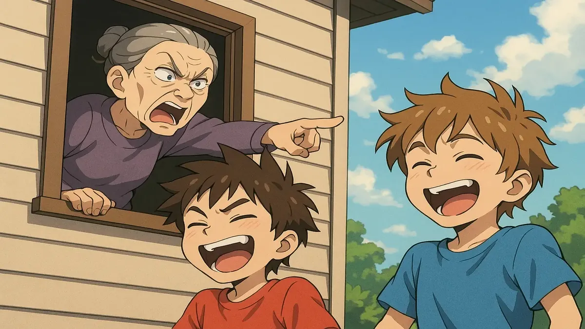 Anime illustration of two kids being playfully annoyed by a quirky old lady in their neighborhood.