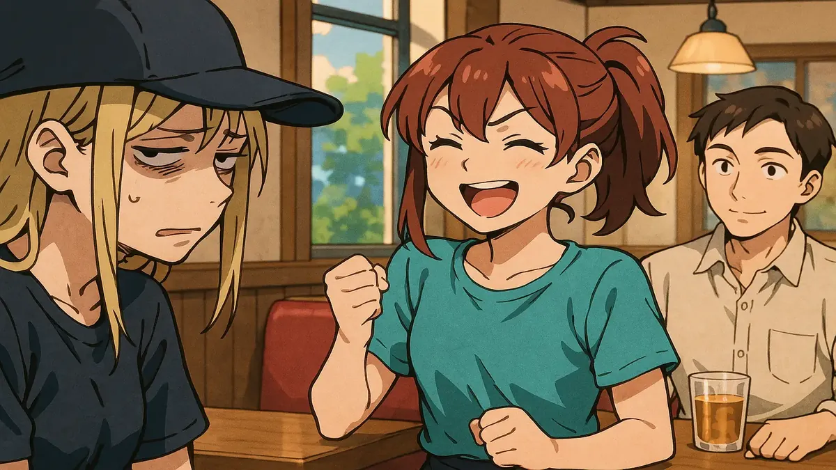 Anime illustration of a vindicated worker confronting a dismissive ex-manager in a service industry setting.