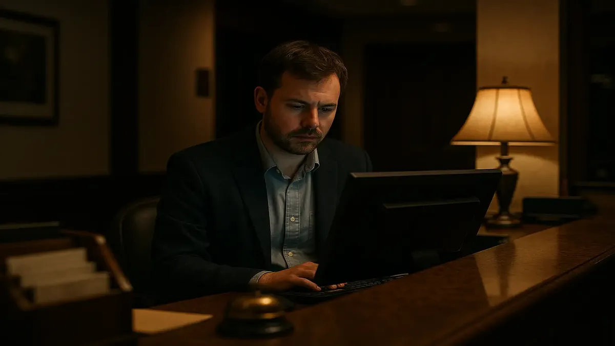 Late-night hotel lobby bustling with guests making last-minute reservations after midnight.
