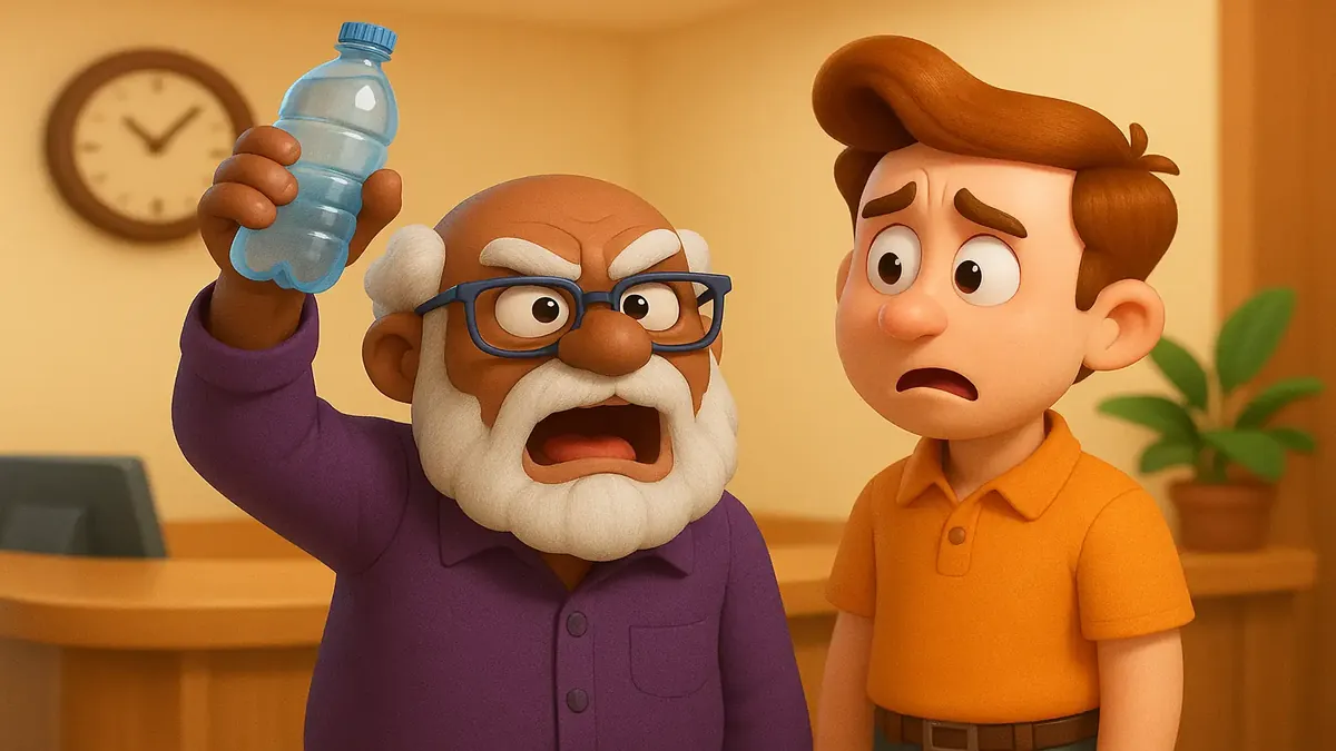 Cartoon 3D illustration of a person requesting free bottled water, highlighting entitlement issues in hospitality.