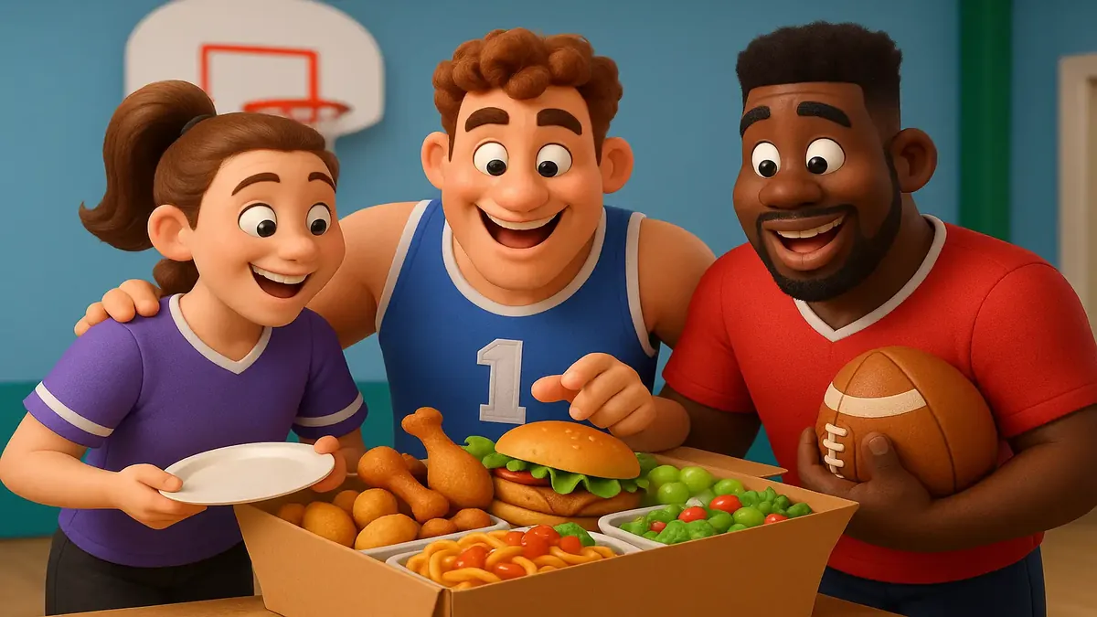 Cartoon-3D image of a sports team enjoying catered meals at a property, highlighting local services and team spirit.