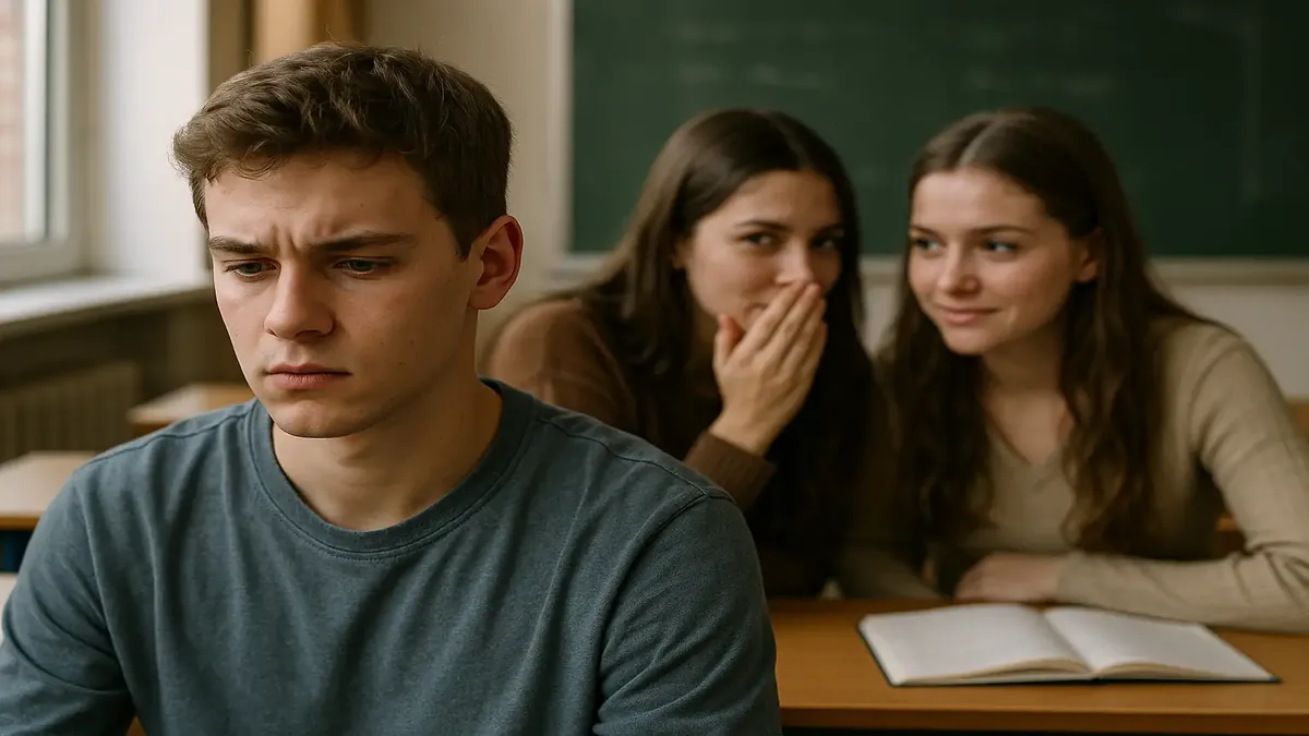Two Italian students whispering behind a classmate in a math classroom setting, conveying tension and intrigue.