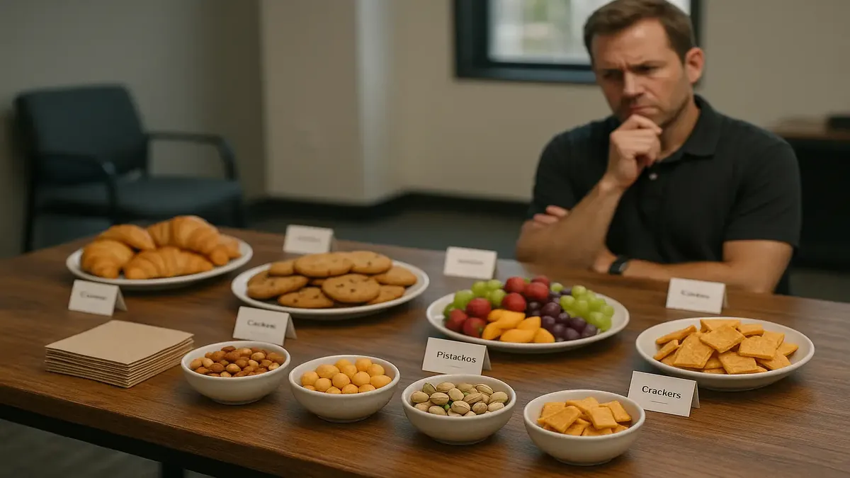 Neatly arranged snack table with bowls, napkins, and labels for a team meeting, showcasing snack-table perfection.