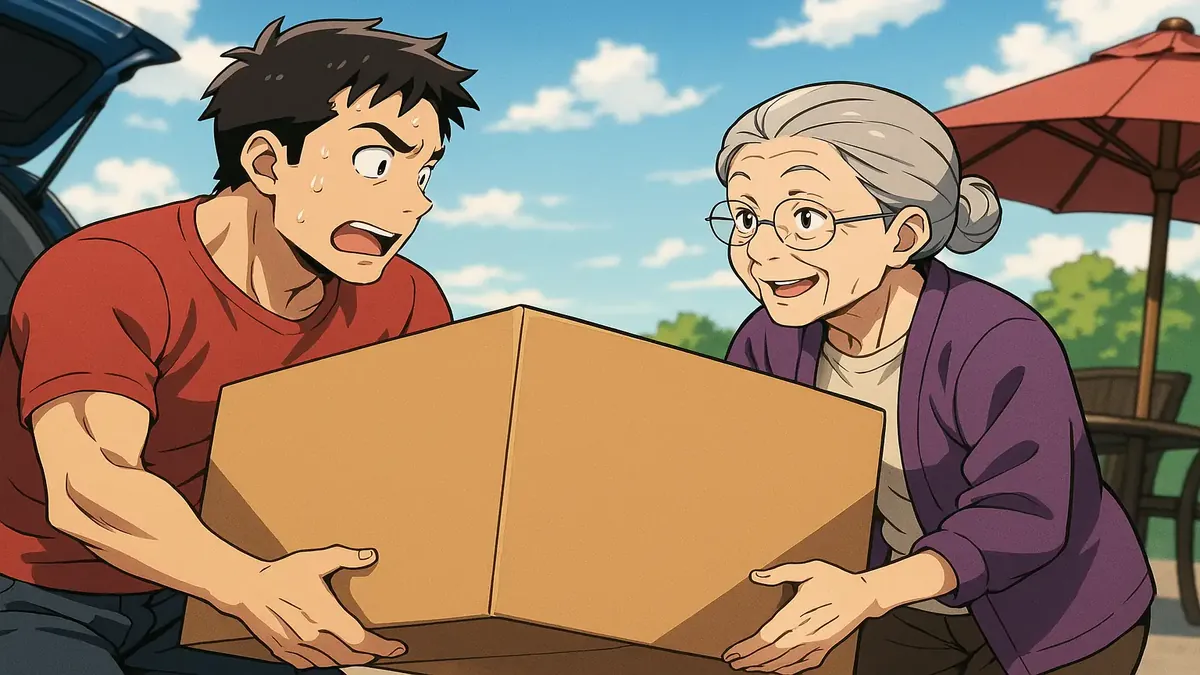 Anime-style illustration of an elderly woman helping four young men load a heavy patio set into a vehicle.
