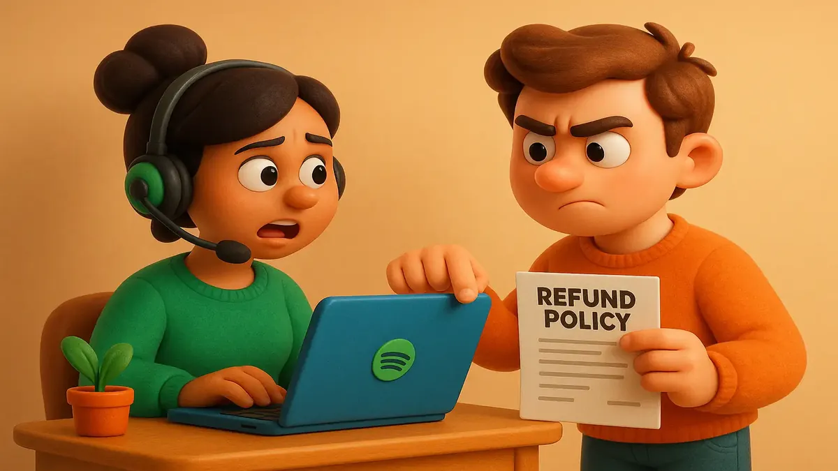Cartoon-3D depiction of a frustrated user chatting with Spotify support about a refund issue.