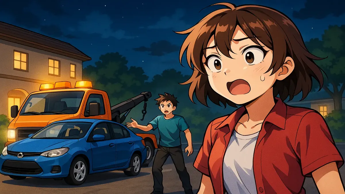 Anime scene of a tow truck repossessing a guest's vehicle outside a small hotel at night.