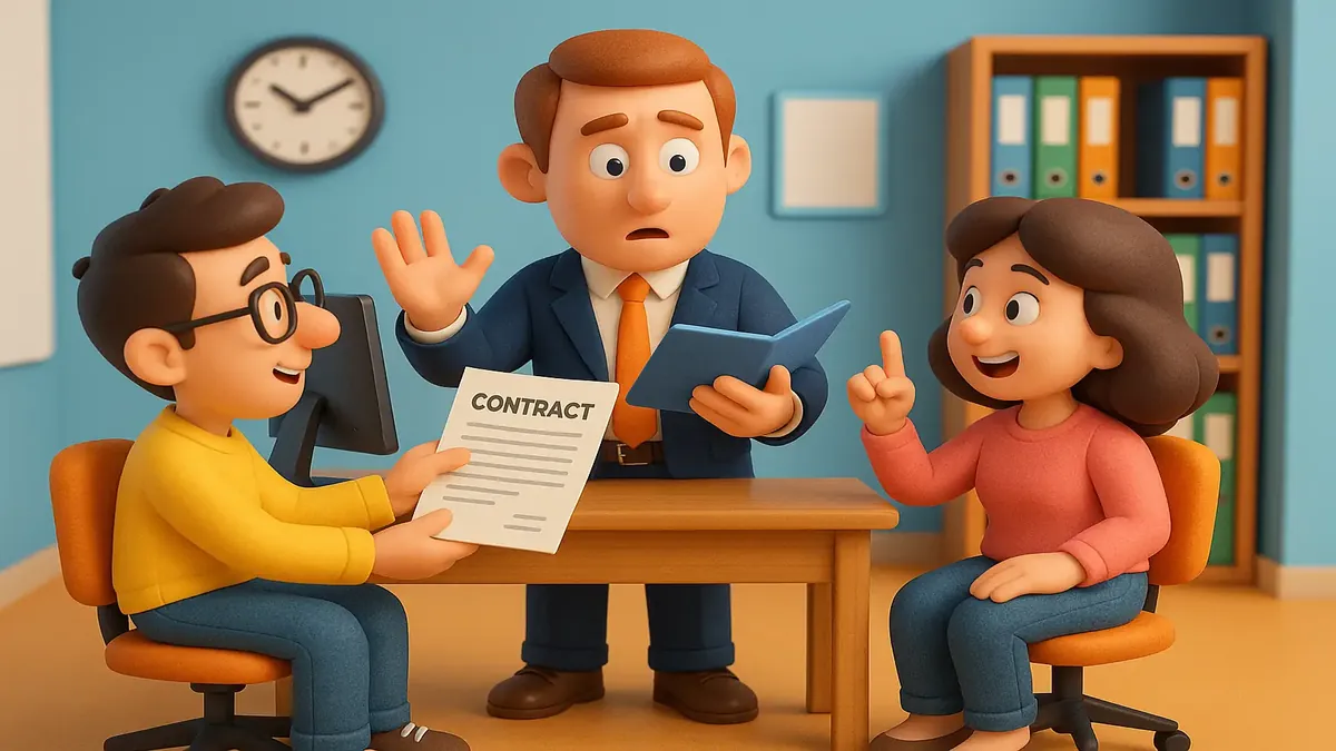 Cartoon 3D illustration of a diverse team discussing working hours and contracts in an office setting.