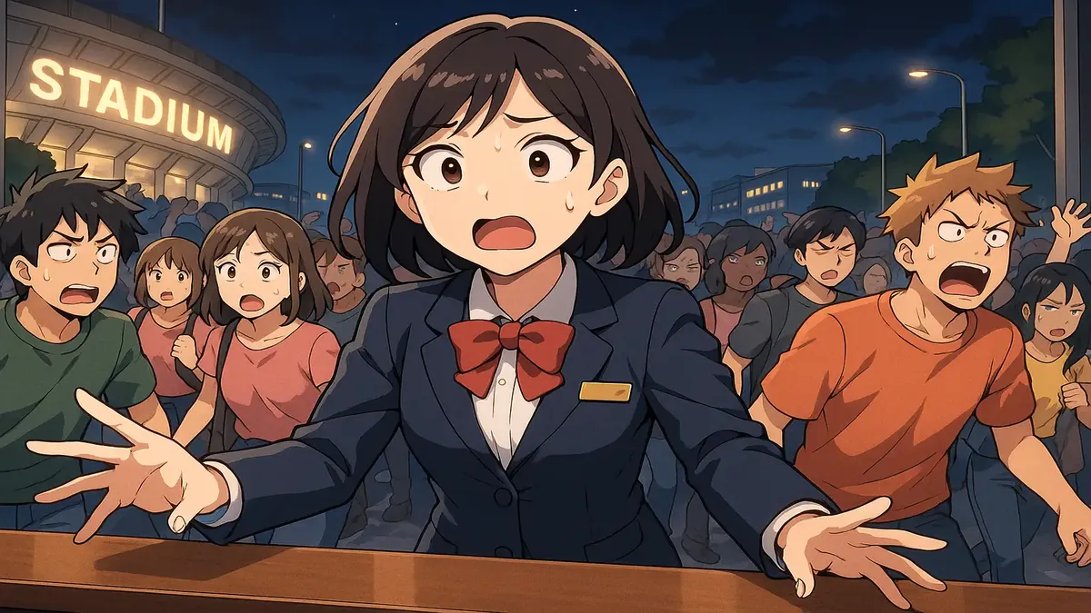Anime illustration of a chaotic concert scene with a crowd of 50,000 outside a stadium near a hotel.