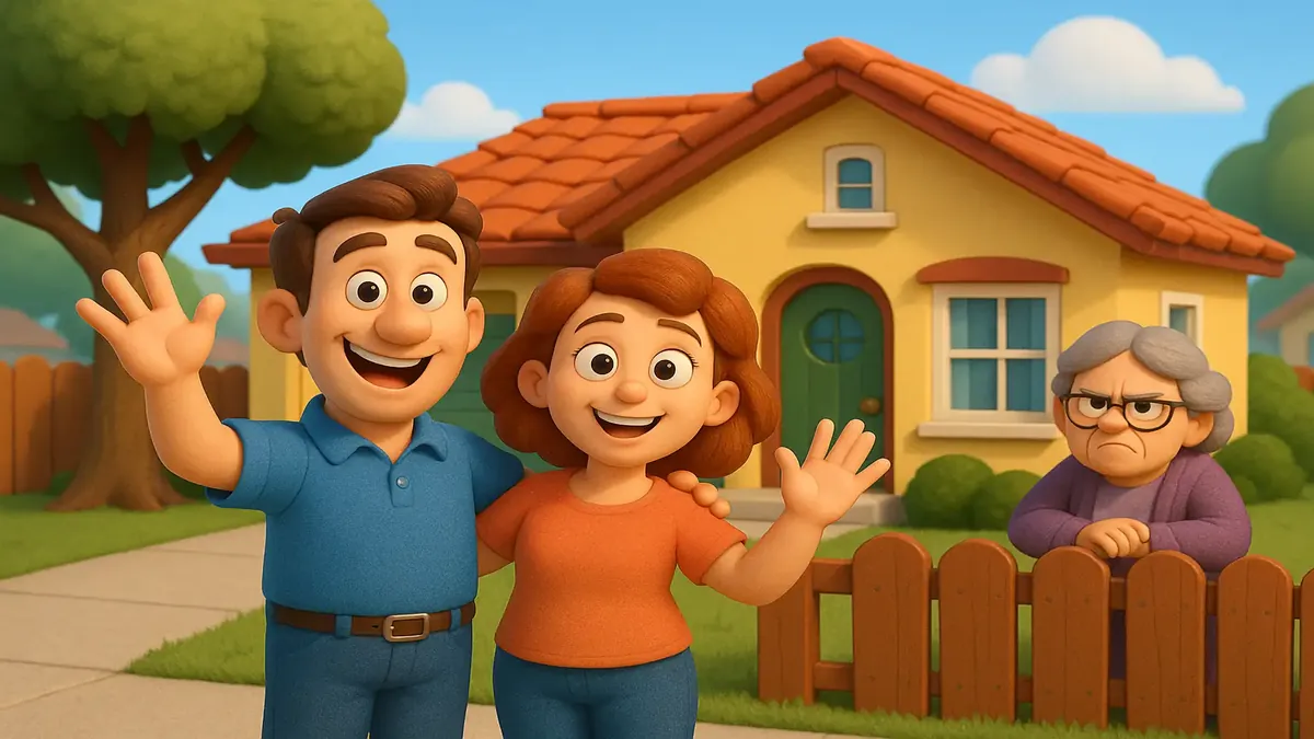 Cartoon-style illustration of a house with an elaborate backyard landscape and water features, depicting neighbor tensions.