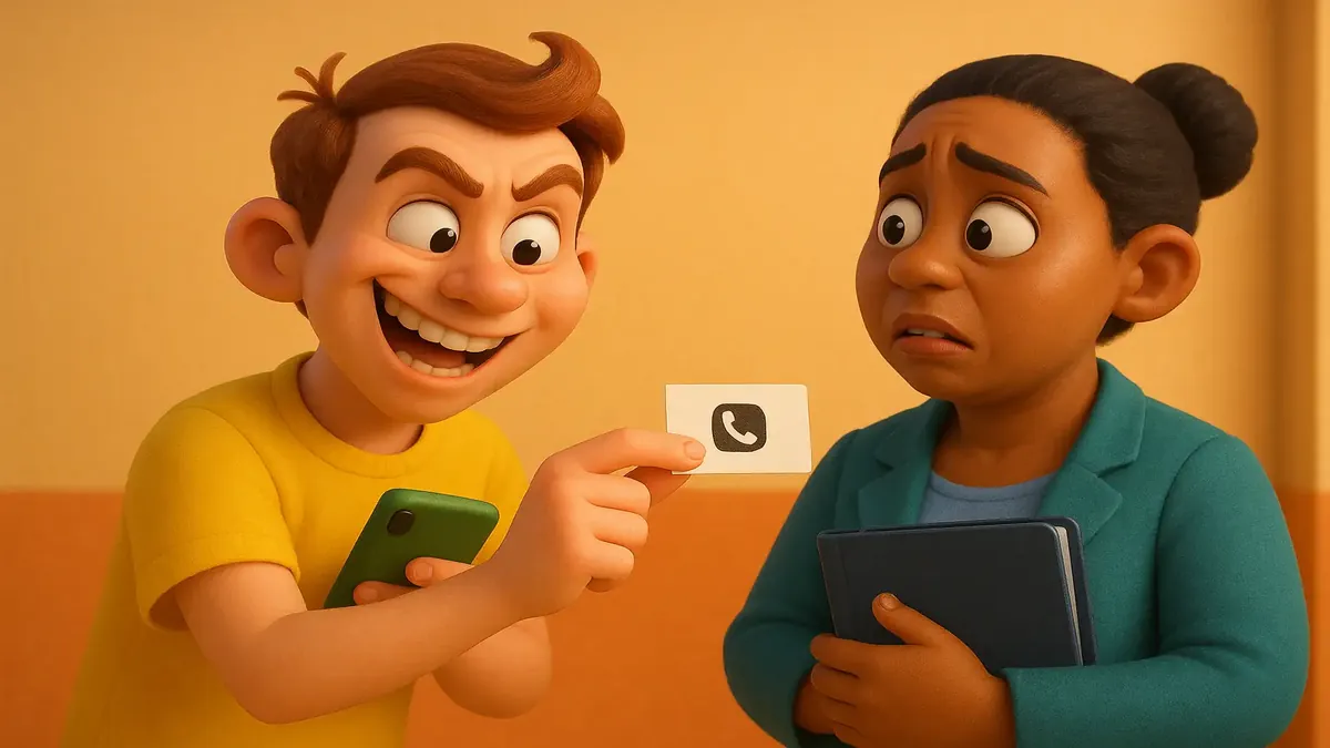 Cartoon 3D illustration of a person handing out a phone number, showcasing mischief and humor.