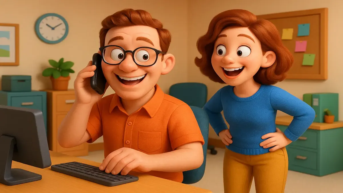 Cartoon-3D illustration of tech contractors joking about office communication delays during a Y2K project.