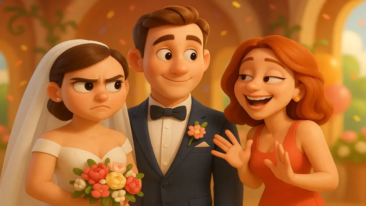 Cartoon-3D image of a bride feeling conflicted about a wedding guest's interest in her fiancé.