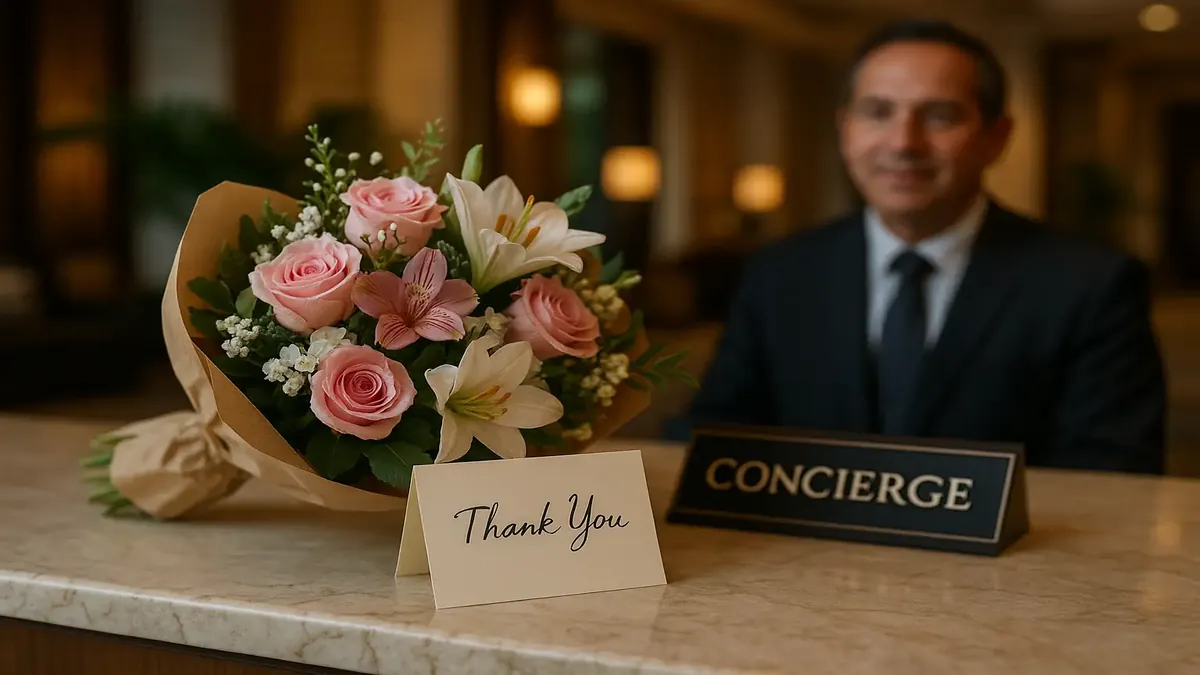 Friendly concierge desk in Cancun assisting a solo traveler during a Pokémon event.