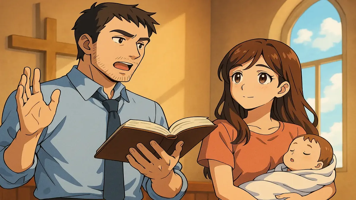 Anime illustration of a family gathering at a church christening, showcasing diverse cultural expressions.
