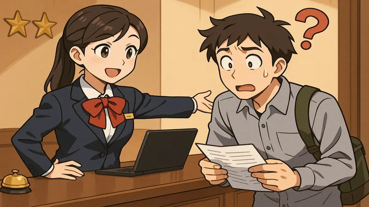 Anime-style illustration of a confused hotel guest at a Wyndy hotel, highlighting exemplary service and confusion.