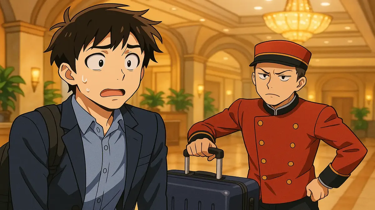 Anime-style illustration of a confused traveler at a bell desk in a luxury hotel, suitcase in hand.