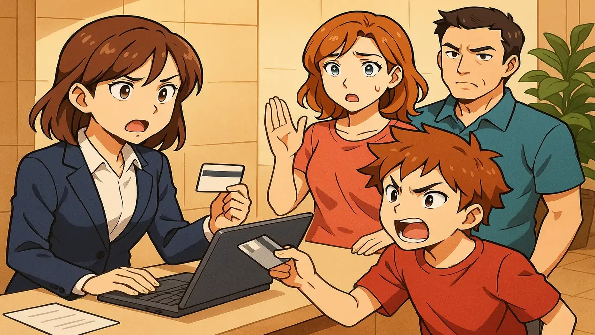 Anime-style illustration of a family struggling with rewards membership rules at a hotel check-in desk.