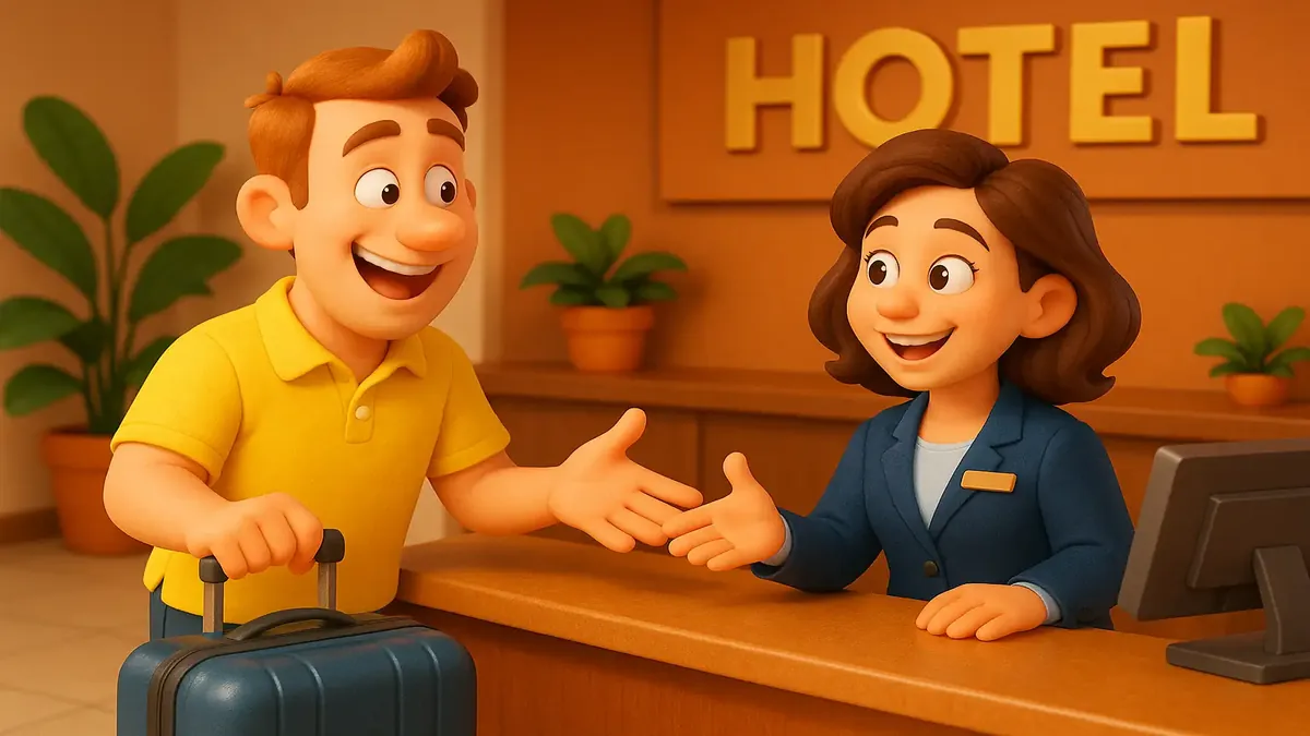 Cartoon-3D depiction of a whimsical hotel check-in experience with FDA references and travel themes.