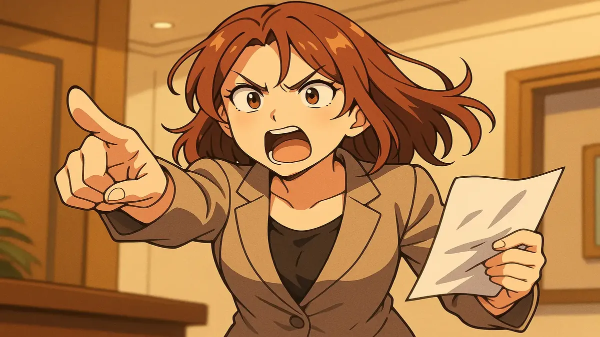 Anime illustration of a frustrated hotel guest demanding free nights and an apology at a busy hotel lobby.