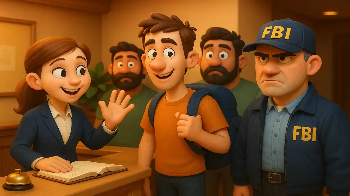 Cartoon-3D illustration of a front desk in a hotel with quirky guests and unexpected events.