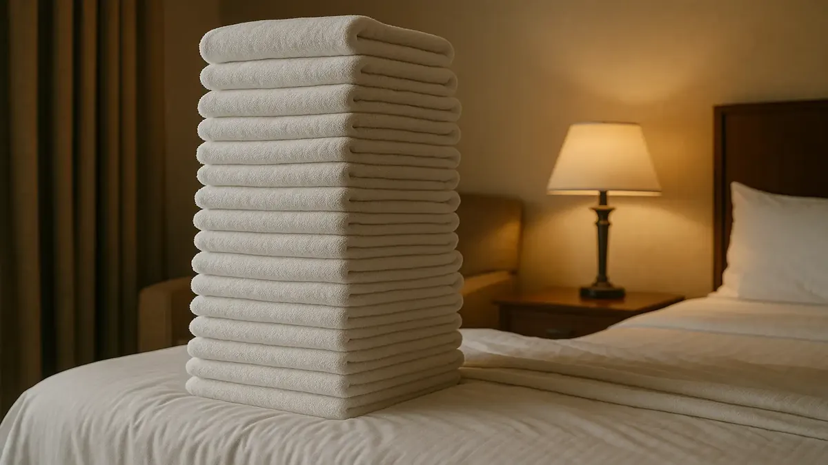 Extra towels stacked at a hotel front desk, illustrating guest accommodations and hospitality standards.