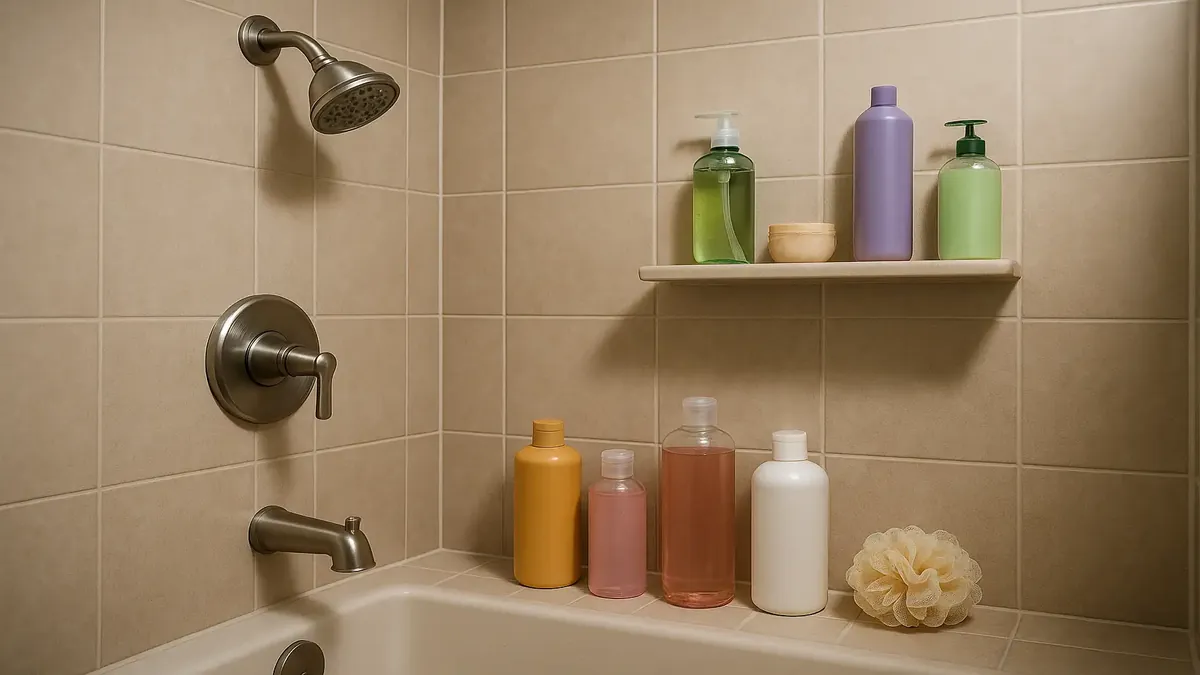 Woman cleaning a bathroom shower with products scattered around, illustrating a common cleaning dilemma.