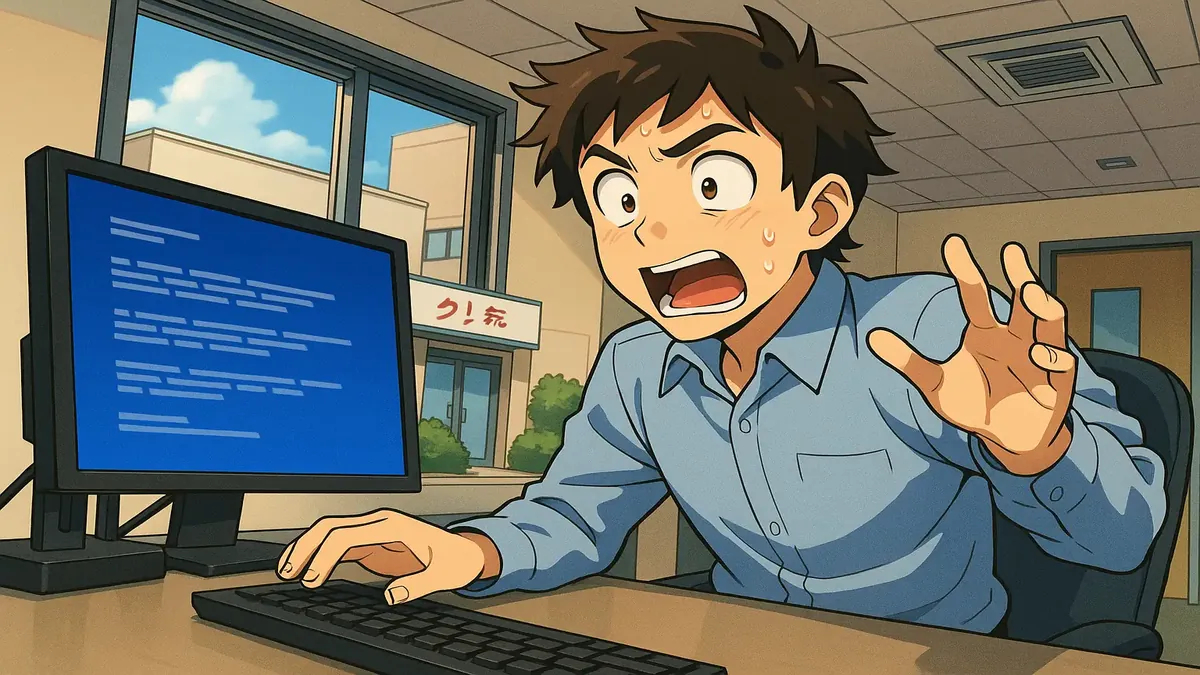 Anime-style illustration of a network technician troubleshooting a clinic's tech issues next to a medical practice.
