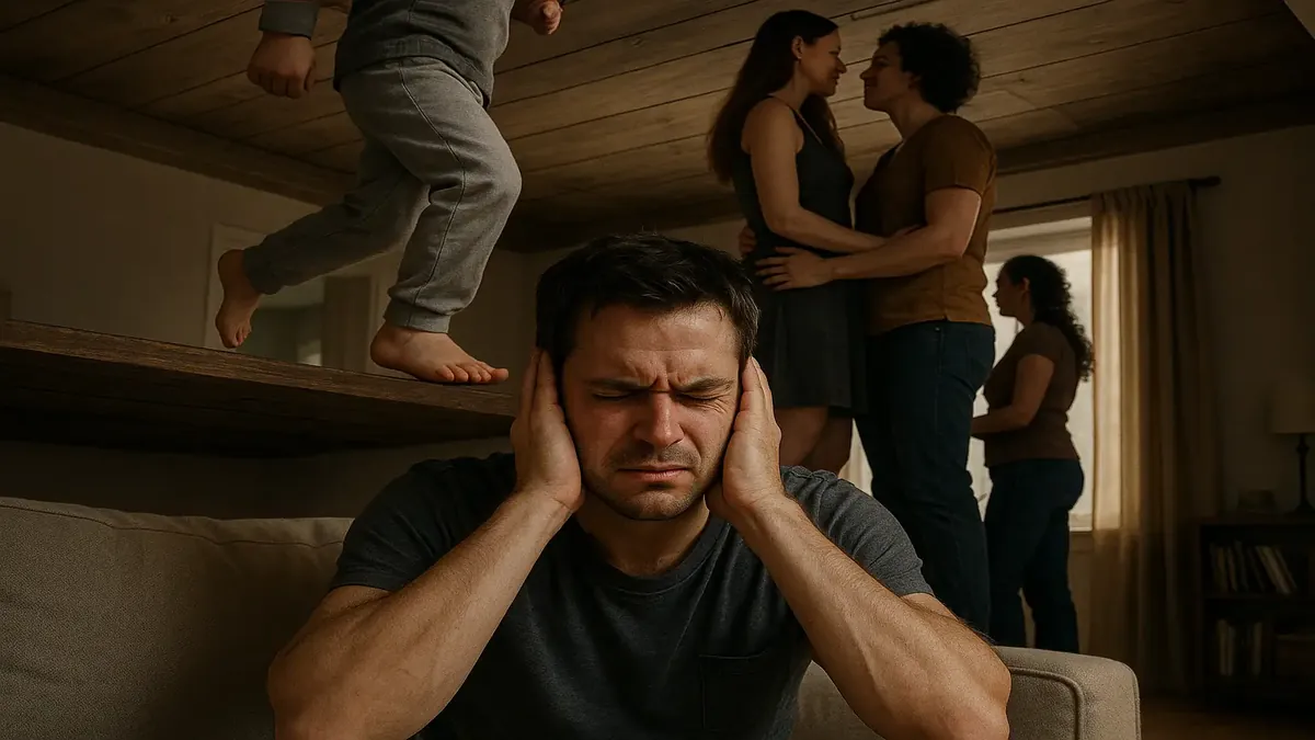 Noisy neighbors stomping in an apartment, causing disturbances and chaos, affecting daily life.