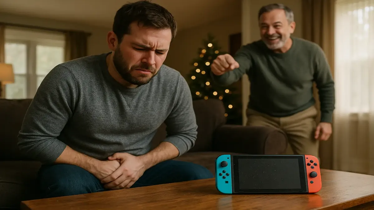 Father-in-law and son-in-law laughing together after a lighthearted holiday prank involving a game console.