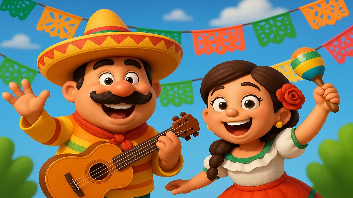 Colorful cartoon-3D illustration of a Cinco de Mayo celebration at a smoke-free hotel with festive decorations.