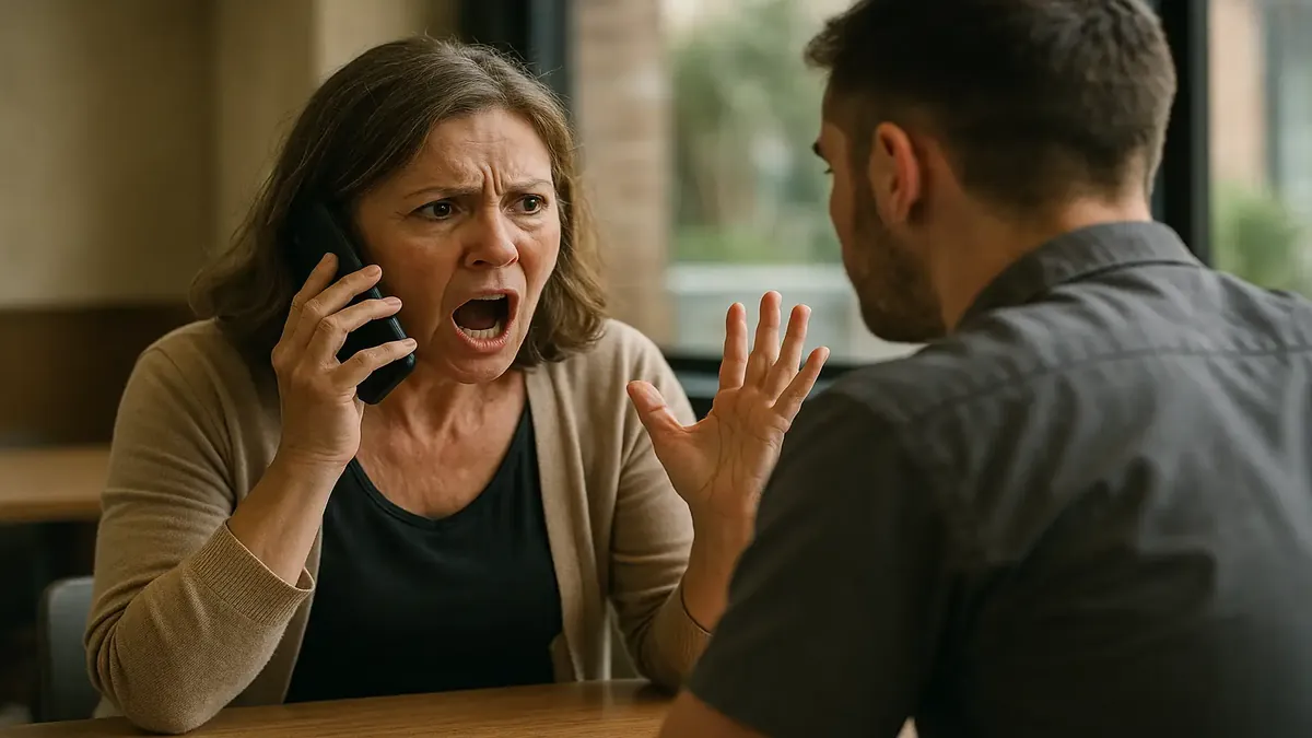 Frustrated customer expressing dissatisfaction with poor service in a photorealistic setting.