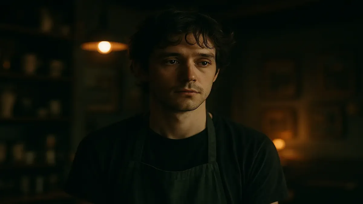 Cinematic portrait of a thoughtful barista named Kevin, embodying dreams and soft-spoken charm.