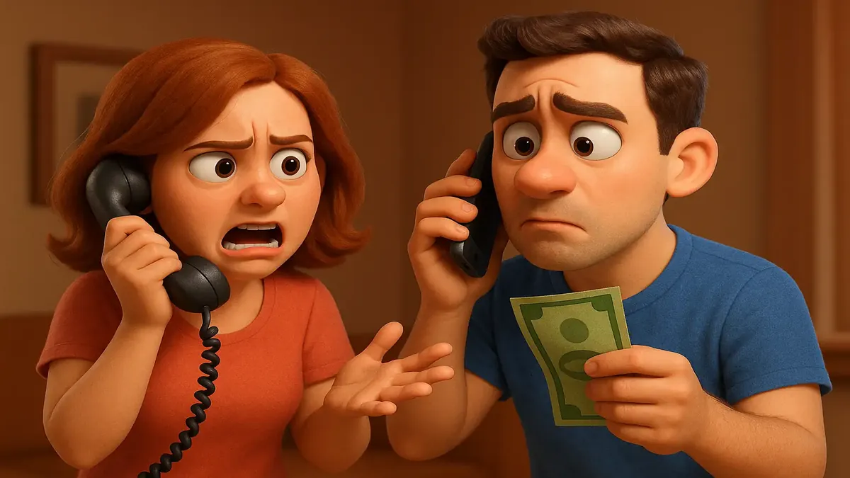 Cartoon-3D image depicting confusion over cash and card payments for a guest check-in mishap.