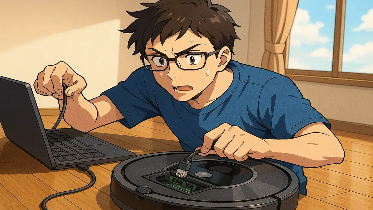 Anime illustration of a tech-savvy person SSHing into a Roomba to troubleshoot a VPN issue during remote work.
