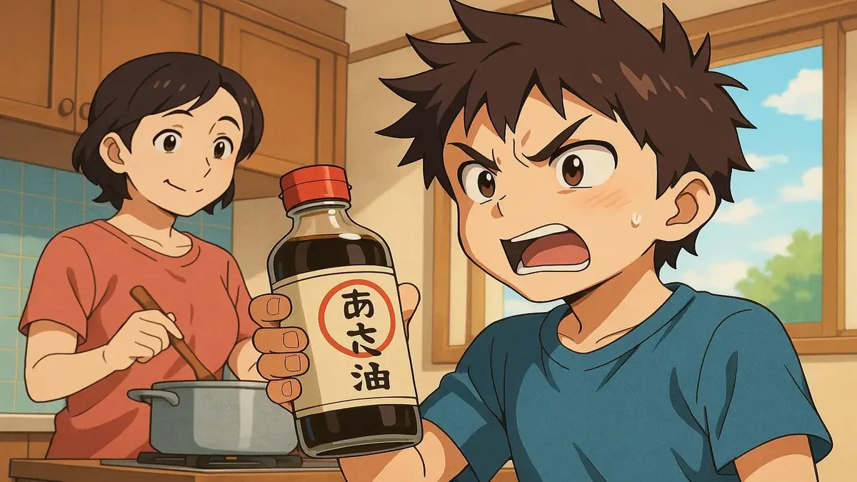 Anime-style illustration of a sauce bottle and a surprised character in a kitchen setting.