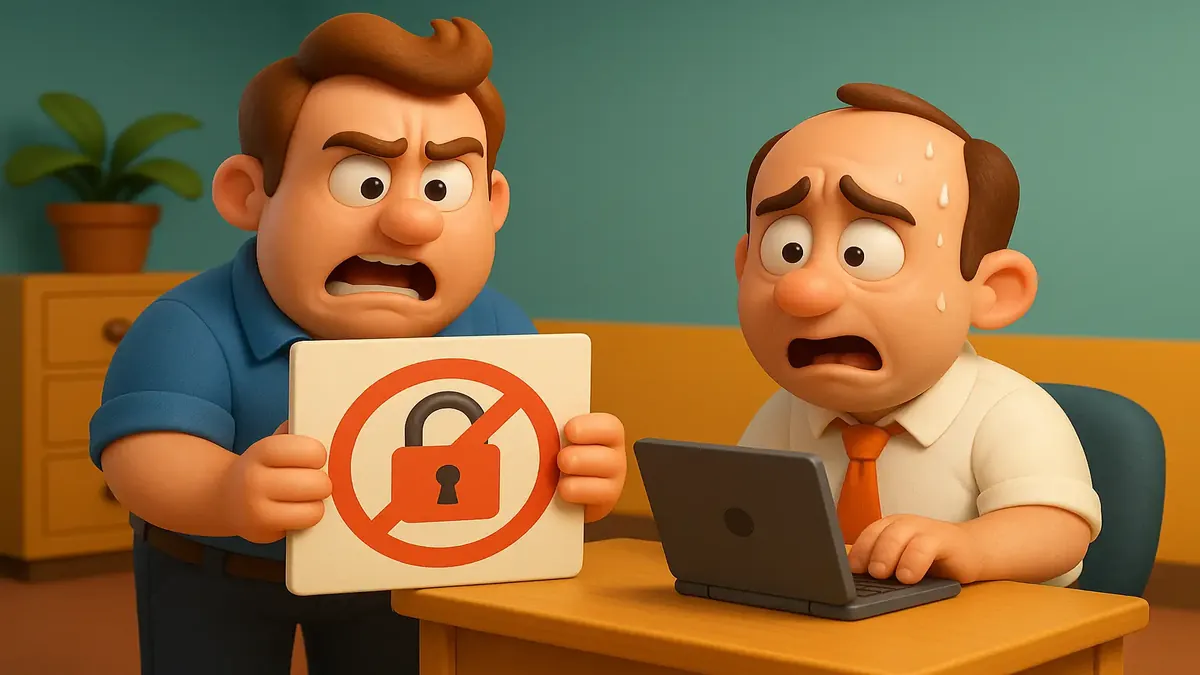 Cartoon image illustrating IT management challenges at a multi-level marketing company in 2001.