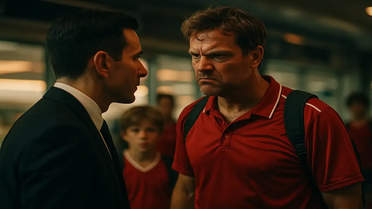 Youth soccer coach frustrated with hotel staff, capturing the chaos of travel sports season.