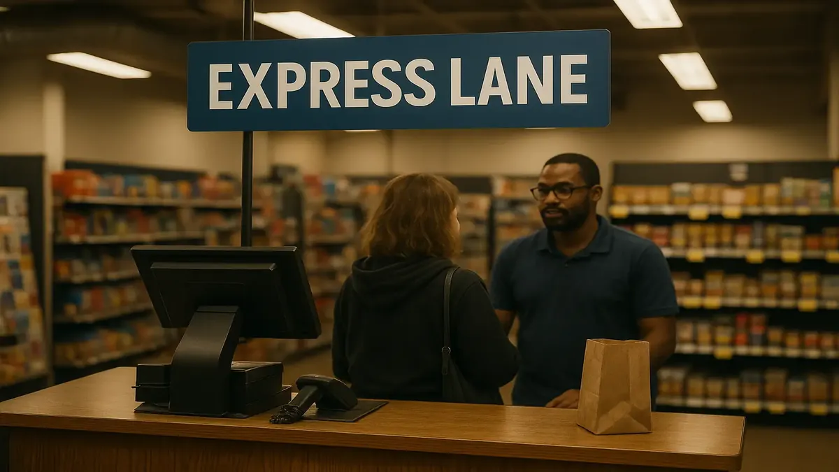 A lively retail scene showcasing diverse customers and staff sharing anecdotes in a store environment.