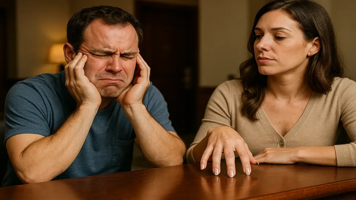 A frustrated person listening to a guest tapping nails, capturing the essence of annoying habits in social settings.