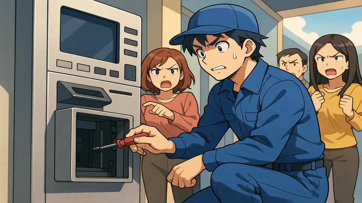 Anime illustration of a frustrated customer in a poorly maintained establishment, highlighting the need for maintenance.