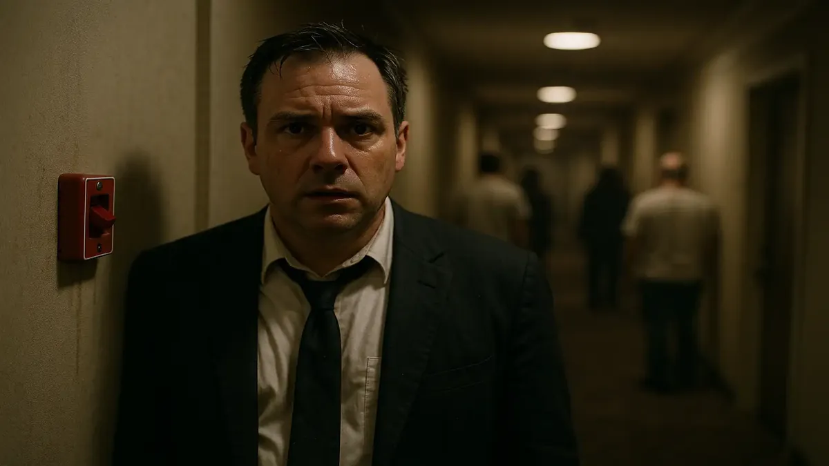Fire alarm going off in a hotel, staff responding to an emergency situation, photorealistic depiction.
