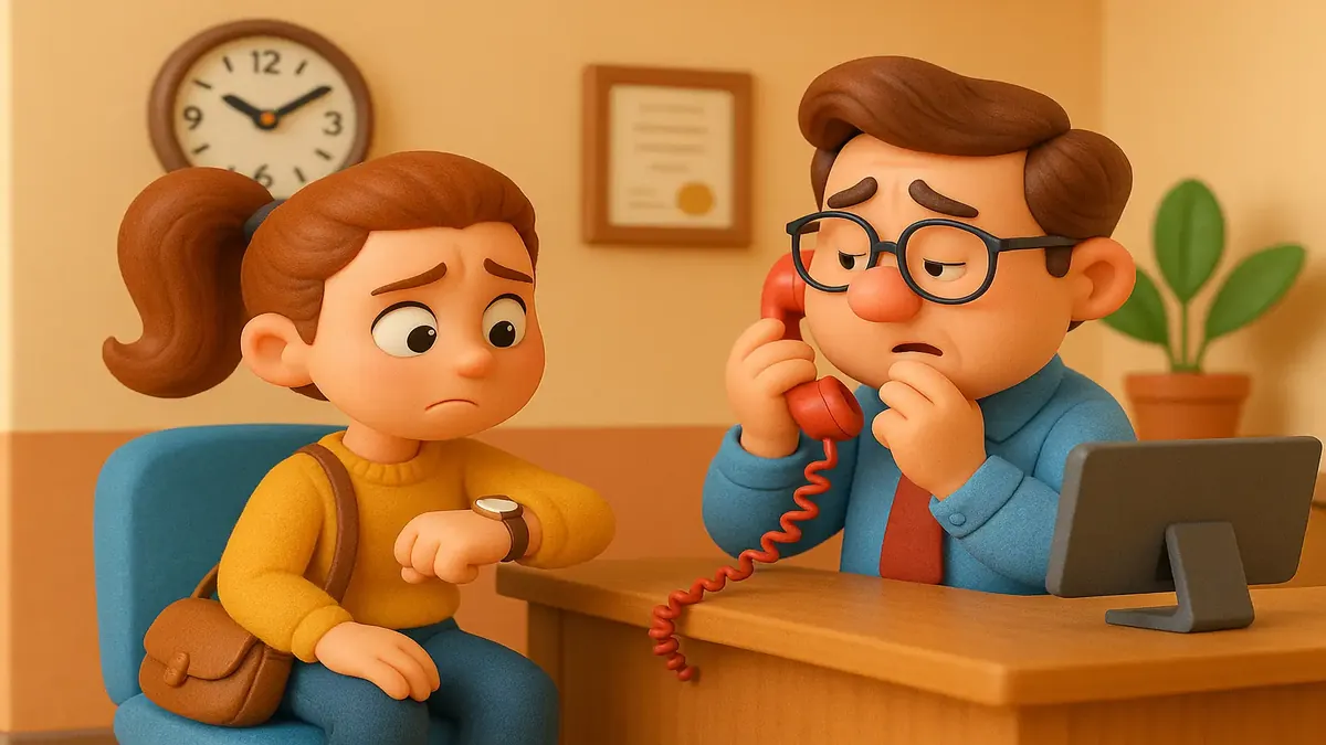 Cartoon-3D illustration of a frustrated job candidate waiting for an interviewer who is late to a meeting.