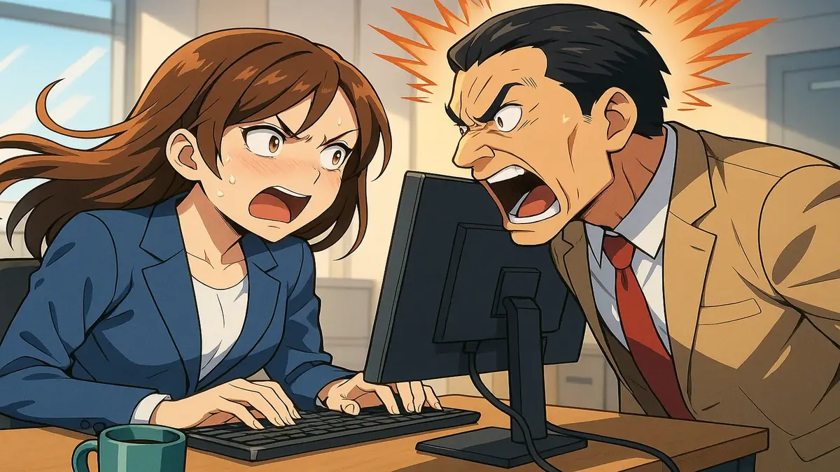 Anime illustration depicting a frustrated logistics employee dealing with a rude client via email.