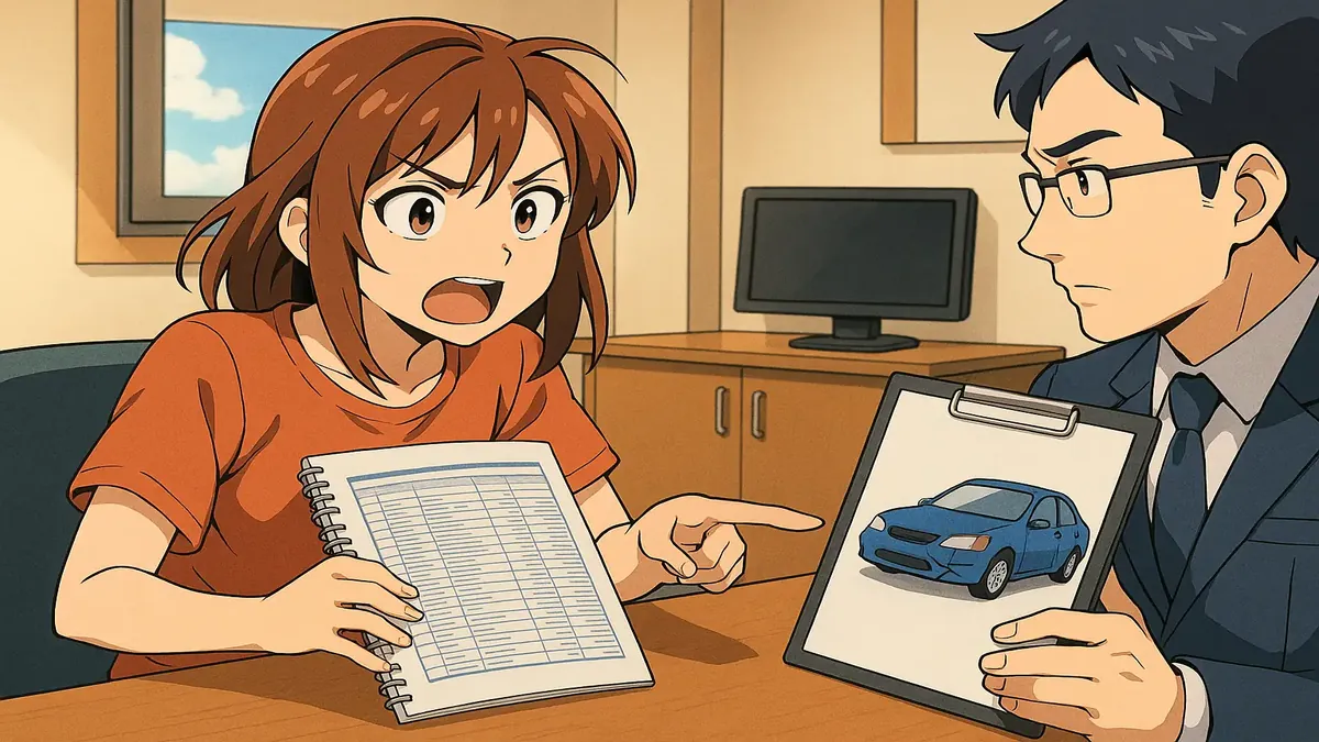Anime illustration of a damaged car with a shocked owner assessing its value and market research.