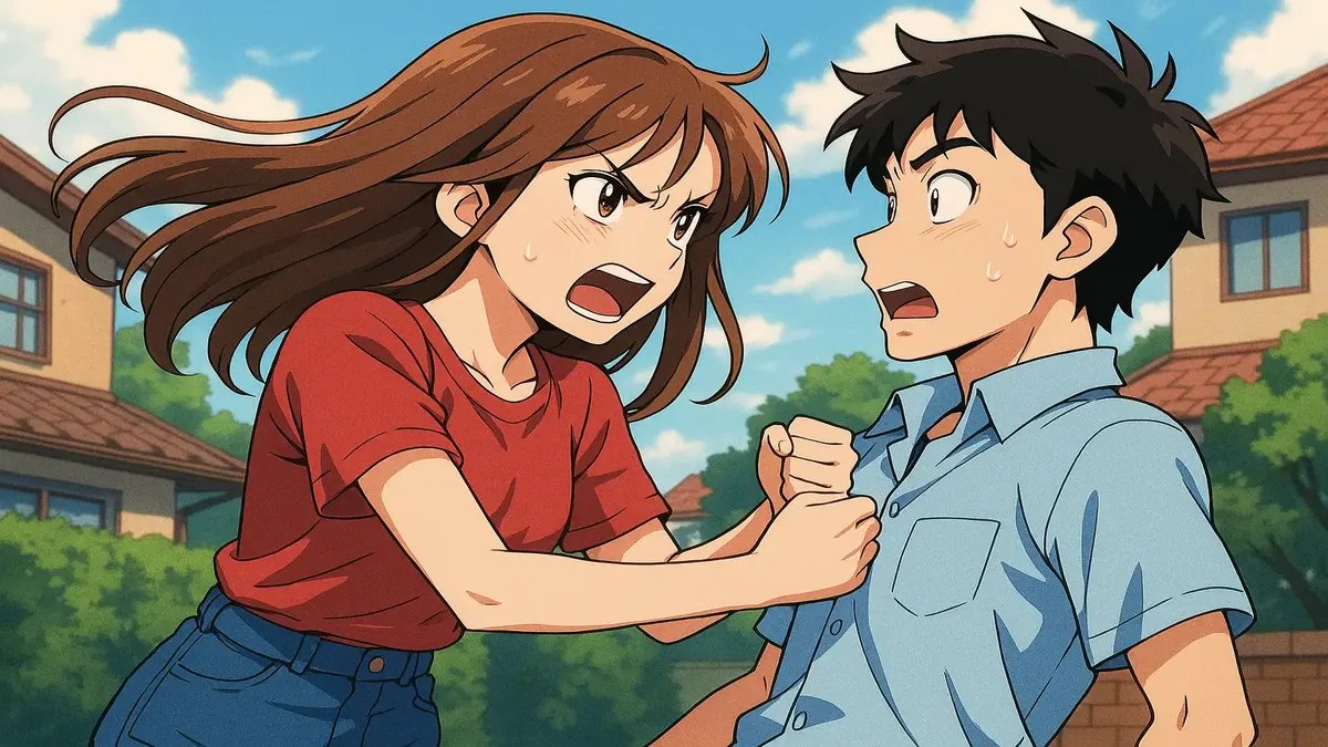 Anime illustration of a nostalgic summer flight over Niagara Falls, capturing a college romance from the 1990s.