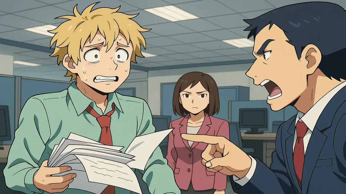 Anime-style illustration of a clumsy worker, representing Kevin's lack of competence in the workplace.