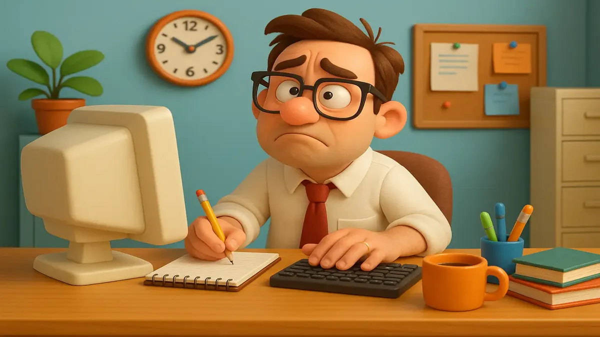 Cartoon 3D illustration of a busy office worker juggling tasks, embodying the art of looking busy at work.