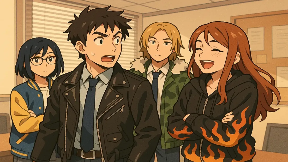 Anime-style illustration of a couple discussing unconventional jackets at work, humorously expressing individuality.